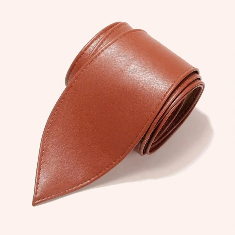 Rust Brown Women Wide Corset Faux Leather Wrap Tie Belt
